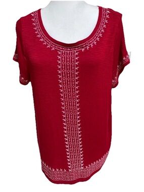 Rafaella Red Short-Sleeve Scoop Neck Top with White Embroidery